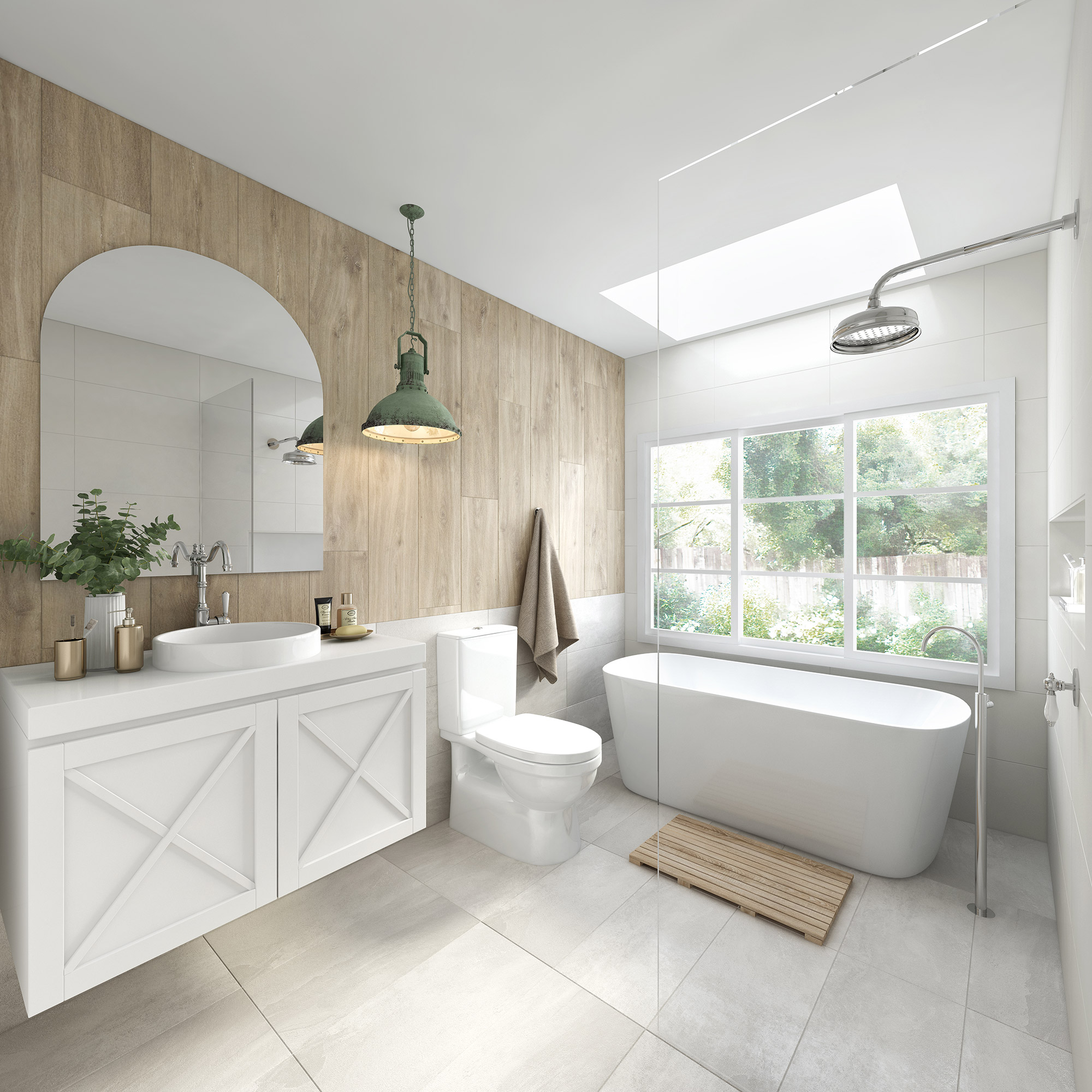 3D render modern Scandinavian bathroom with freestanding bathtub wood accent wall white vanity glass shower and natural light interior design