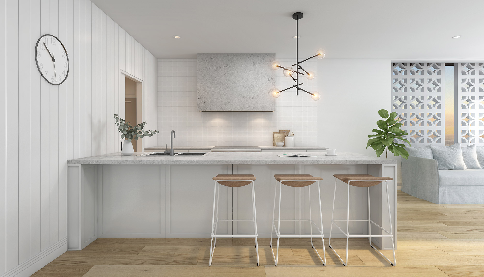 3D render modern scandinavian kitchen with white cabinets marble range hood wood stools and minimalist design