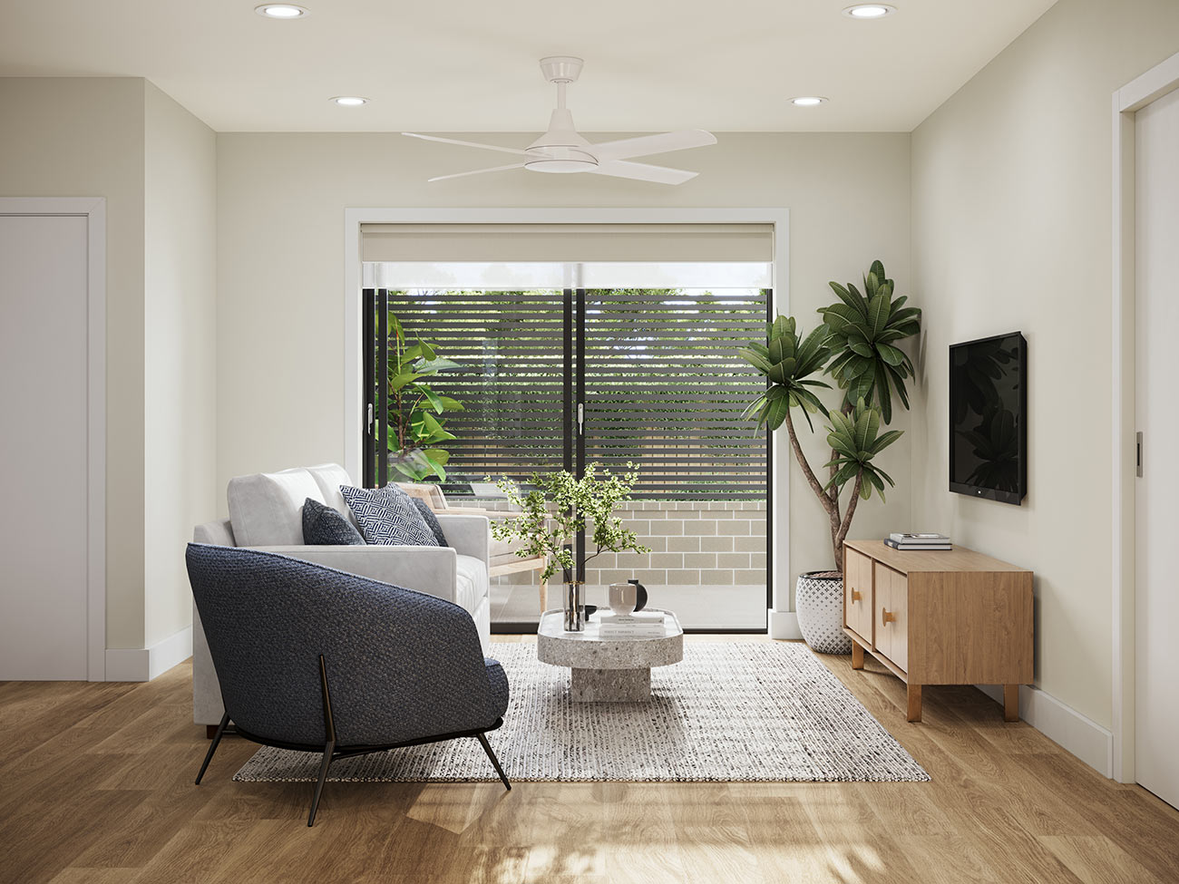 3D render small modern living room with sofa armchair balcony sliding doors indoor plant neutral tones contemporary interior