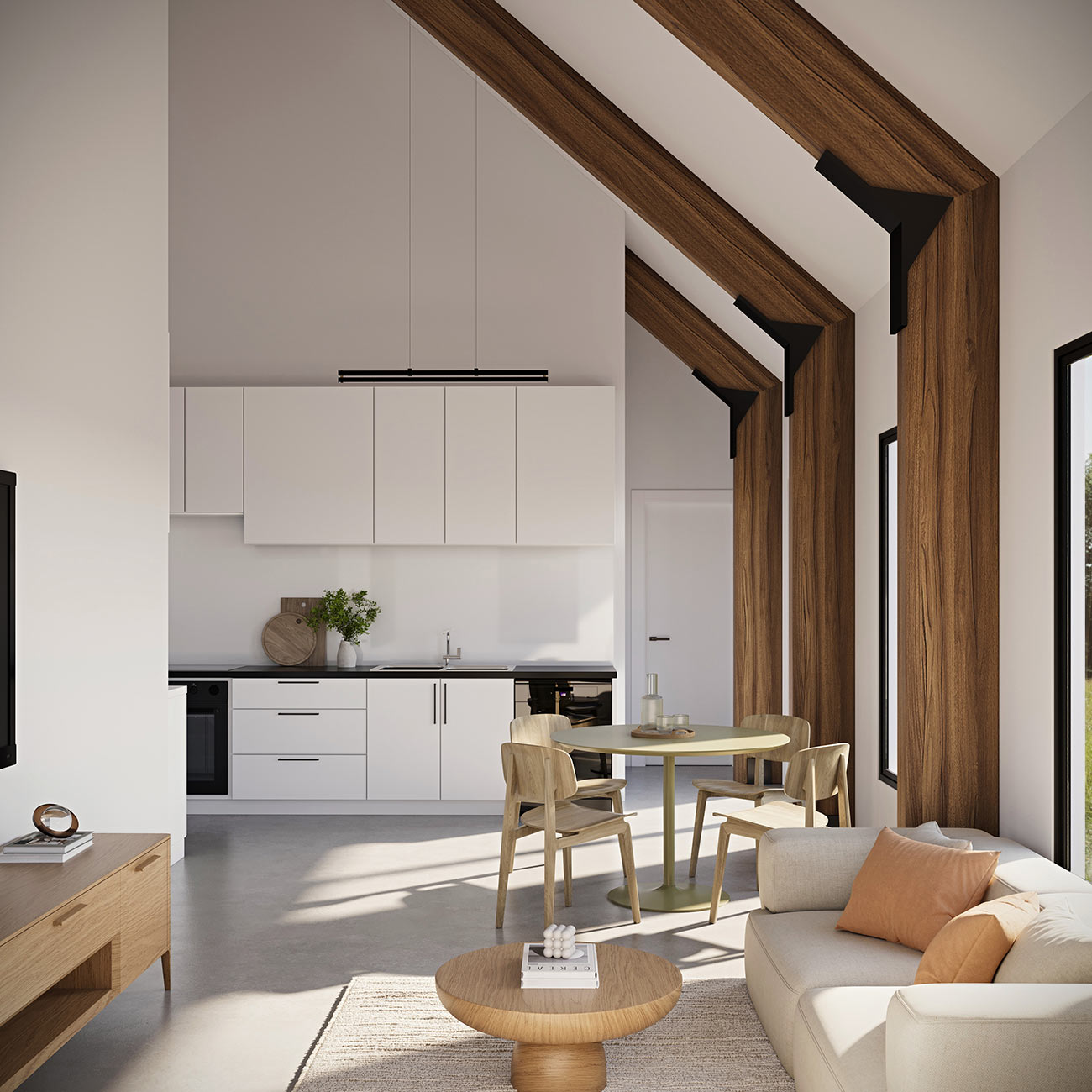 3D render small modern open plan kitchen dining area with loft ceiling wooden beams round table chairs minimalist interior natural light