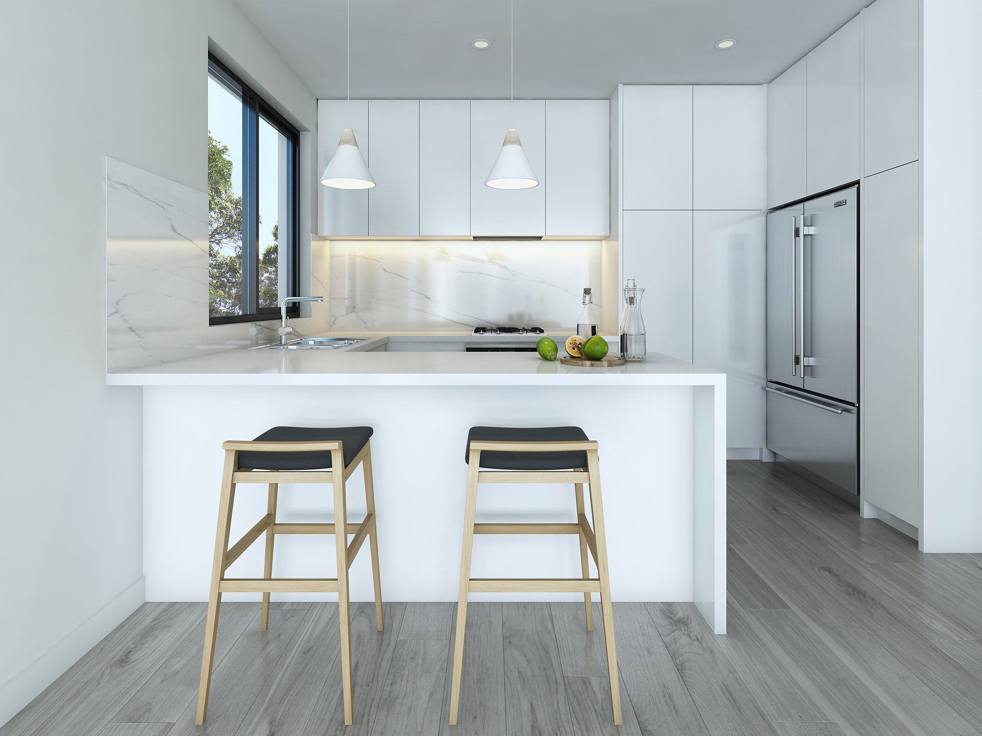 3D render modern small white kitchen with breakfast bar pendant lighting minimalist design and natural light