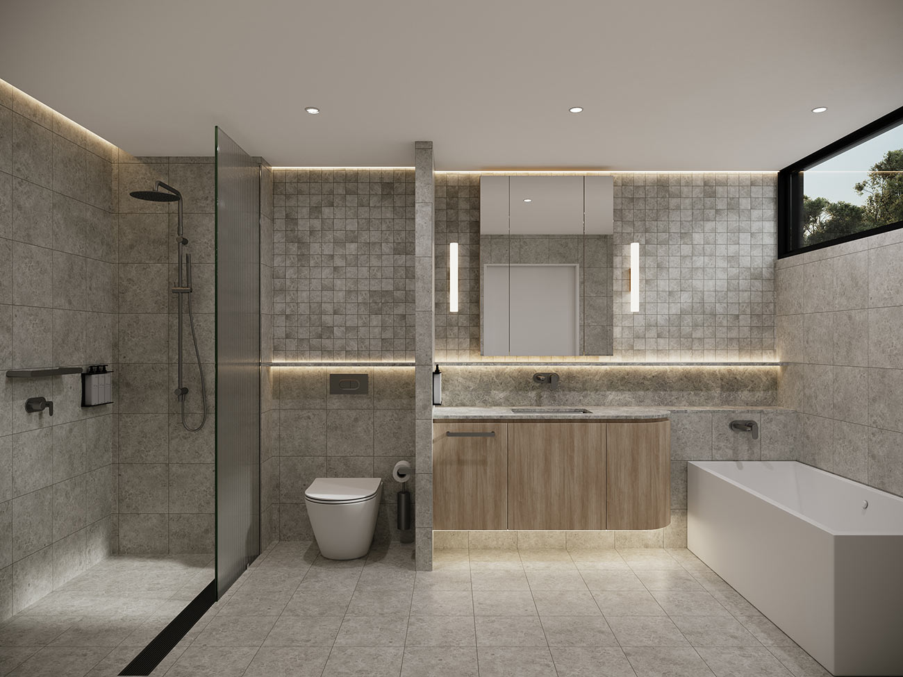 3d render modern spacious bathroom with walk in shower bathtub vanity wood cabinet stone tiles ambient lighting contemporary interior