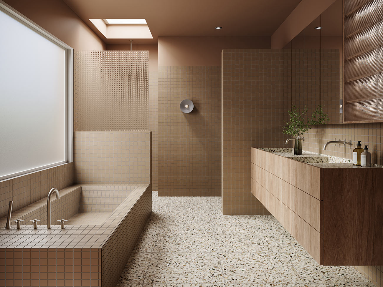 3D render modern bathroom with built in bathtub tiled walls walk in shower floating wood vanity terrazzo floor warm lighting contemporary interior