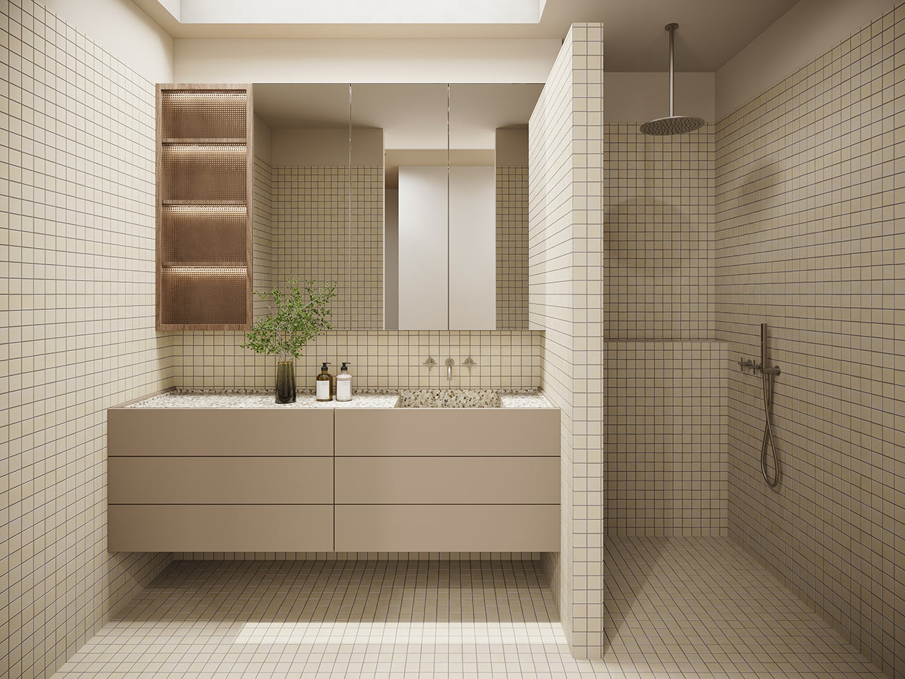 3D render modern tiled bathroom with walk in shower floating vanity built in shelving mirrored cabinet neutral tones contemporary interior