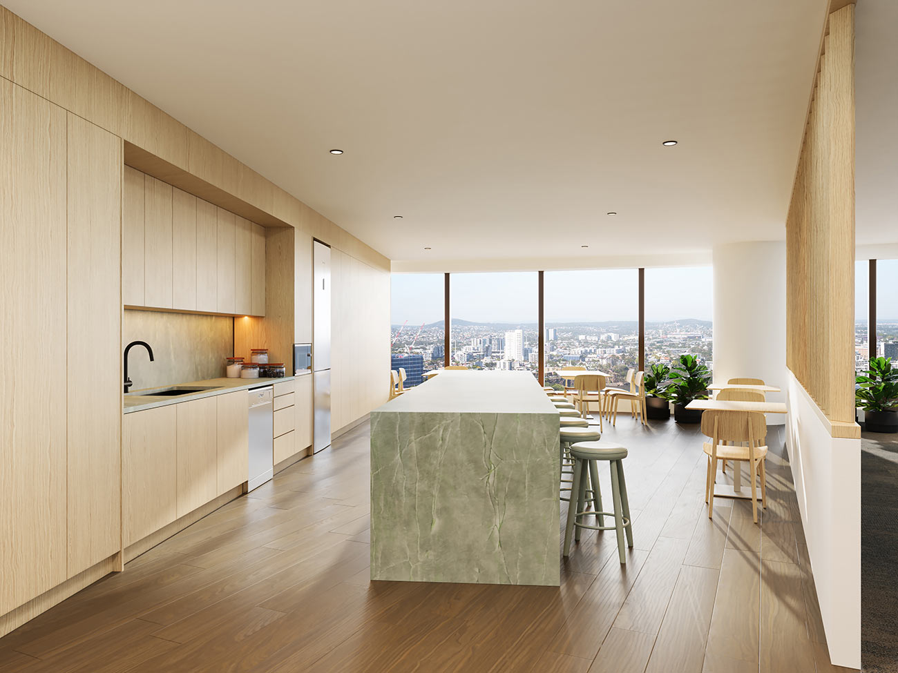 3D Render of modern timber kitchen featuring city view stone island open plan layout timber cabinetry large windows and contemporary interior design