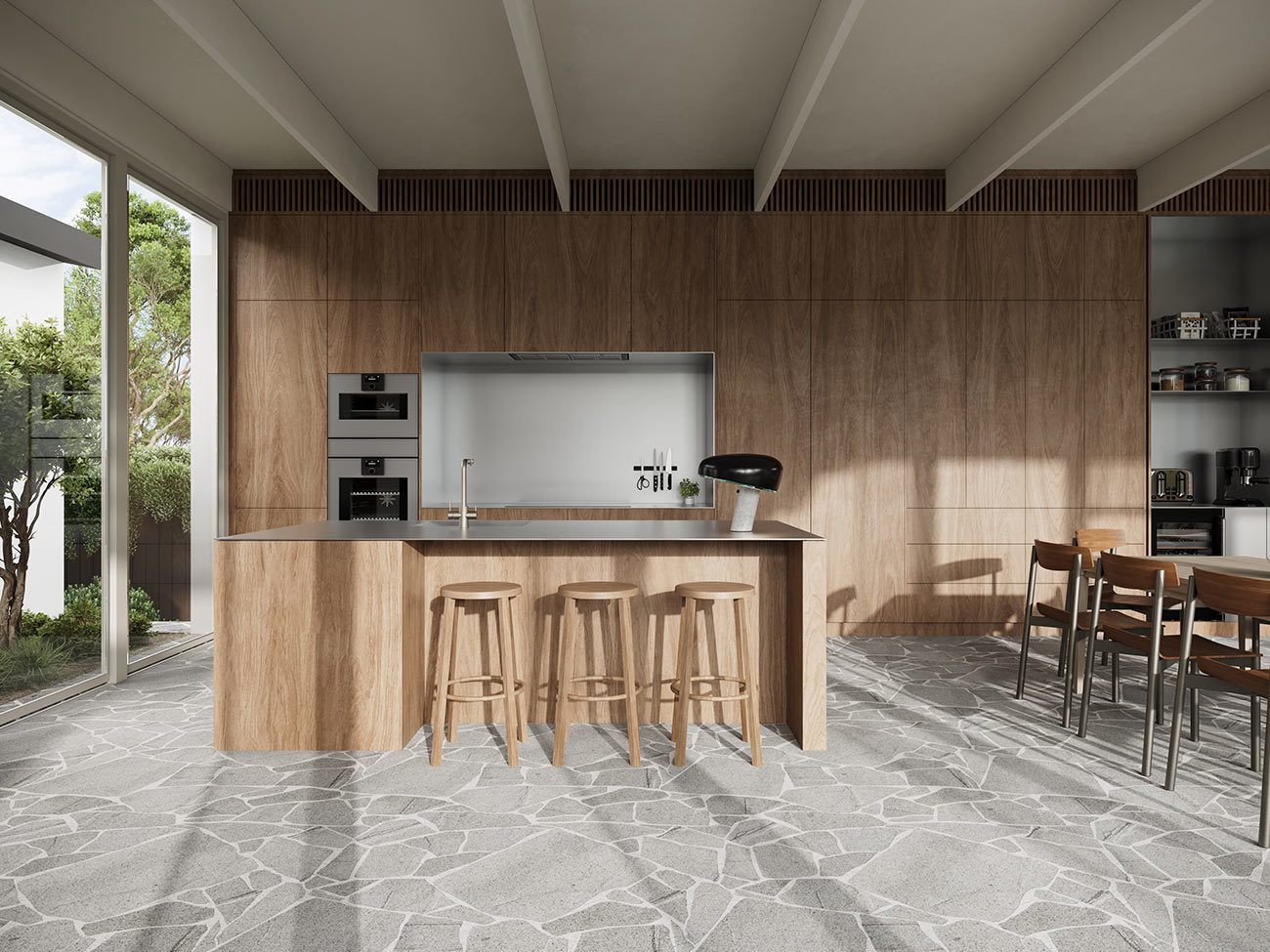 3D Render of modern timber kitchen featuring minimalist wood cabinetry central island bar stools stone flooring and contemporary interior design