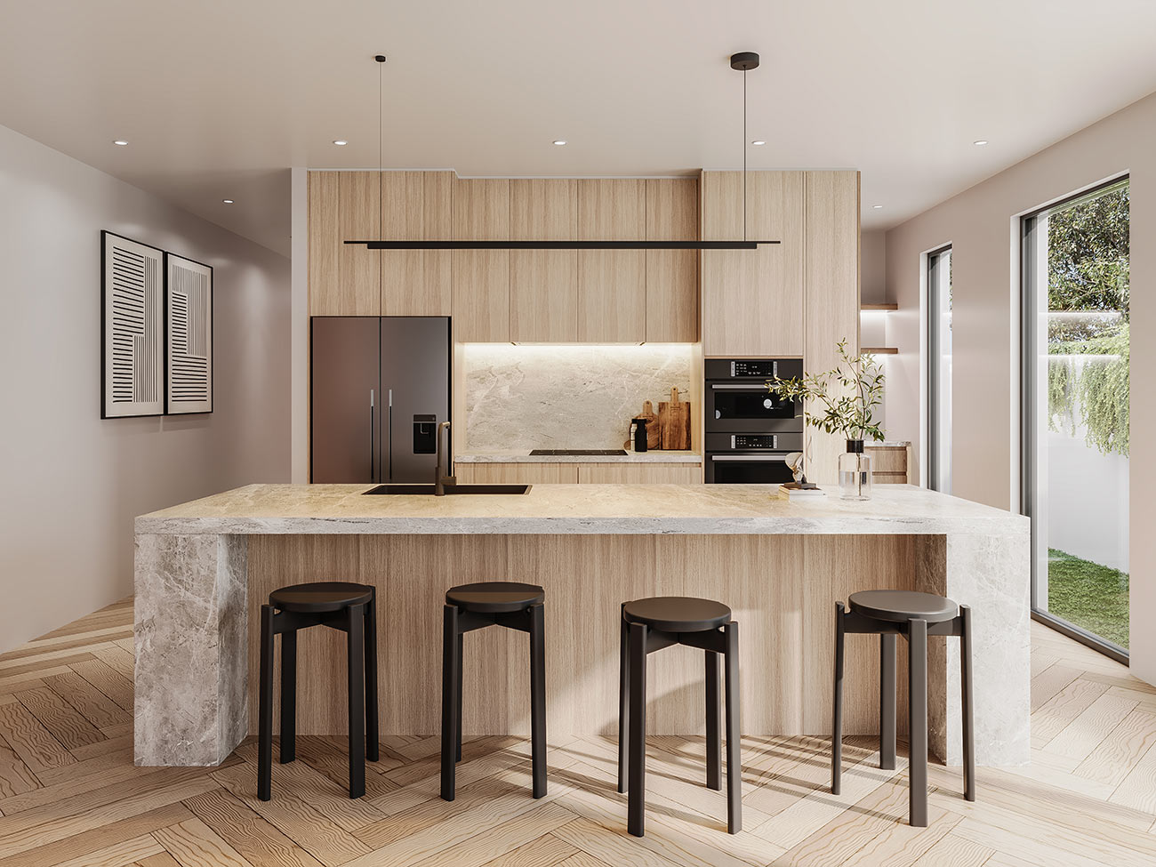 modern timber kitchen with stone waterfall island and black bar stools