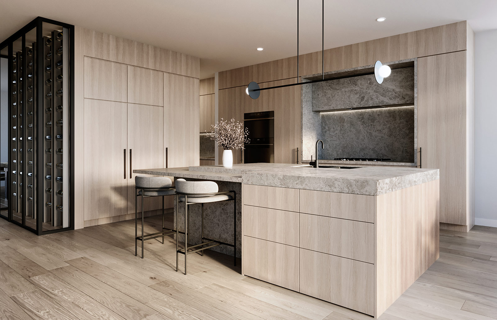 3D Render of modern timber kitchen featuring stone island integrated wine cellar light wood cabinetry pendant lighting and contemporary luxury interior design