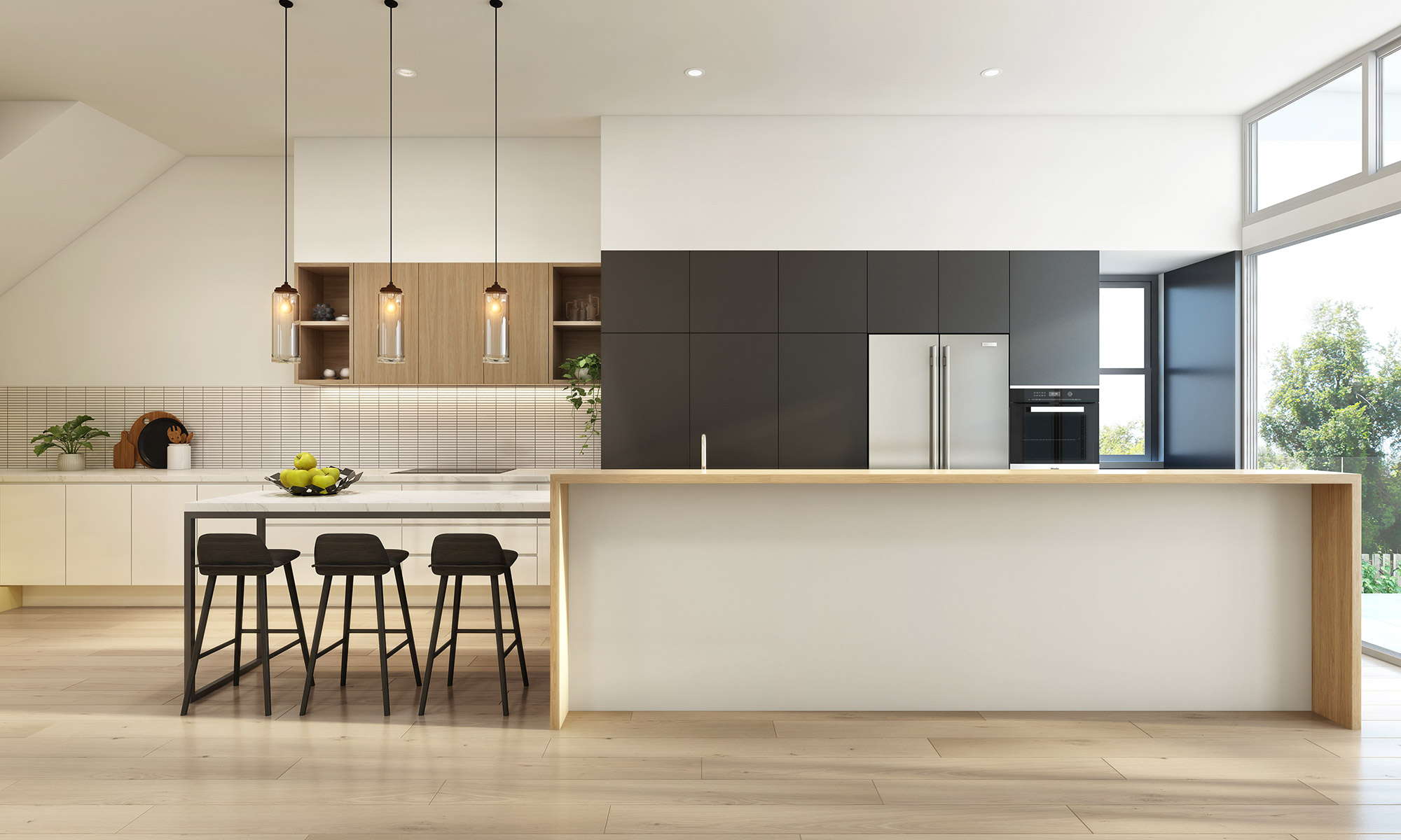 3D render modern two tone kitchen with black cabinets wood accents large island and pendant lighting open plan design