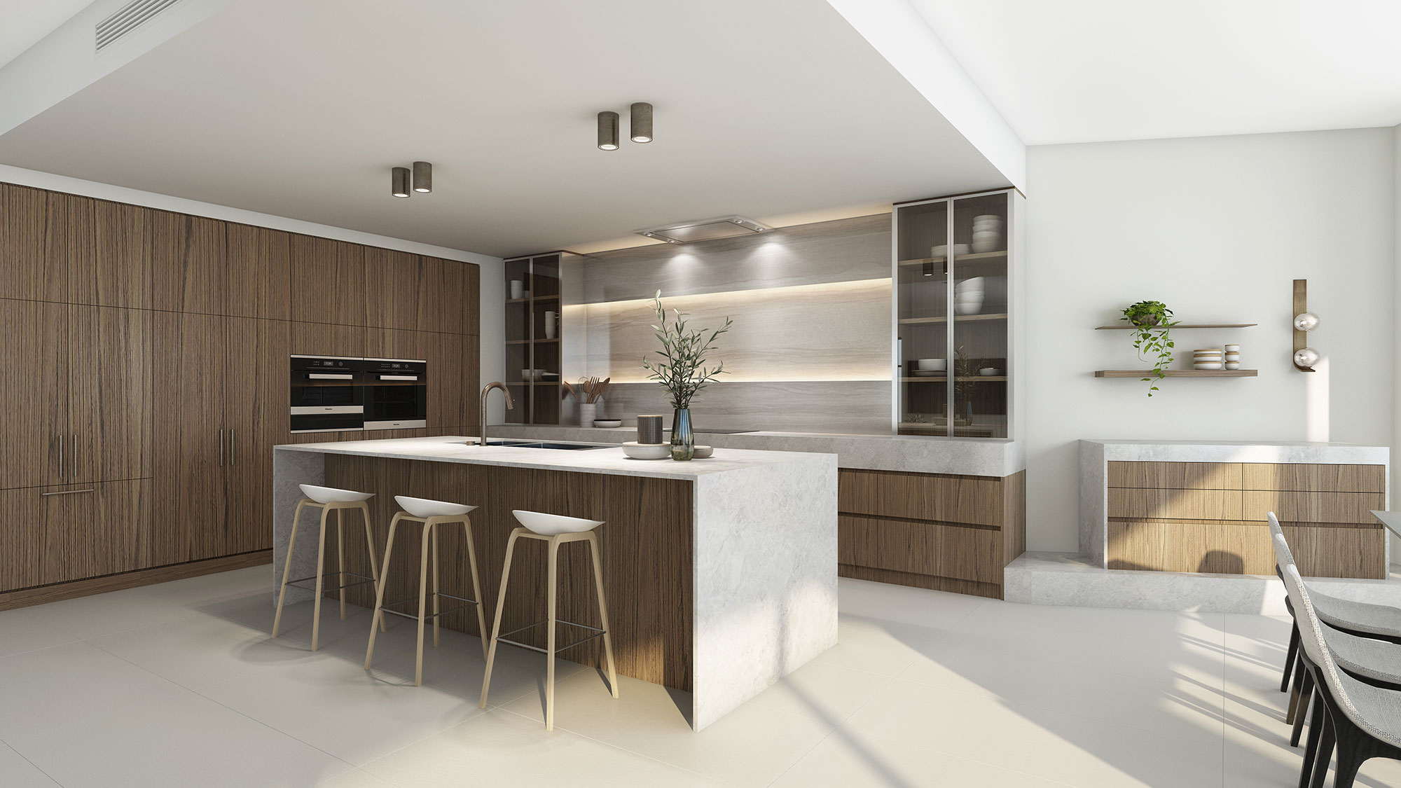 3D render luxury modern walnut kitchen with marble island open plan layout bar stools and built in cabinetry