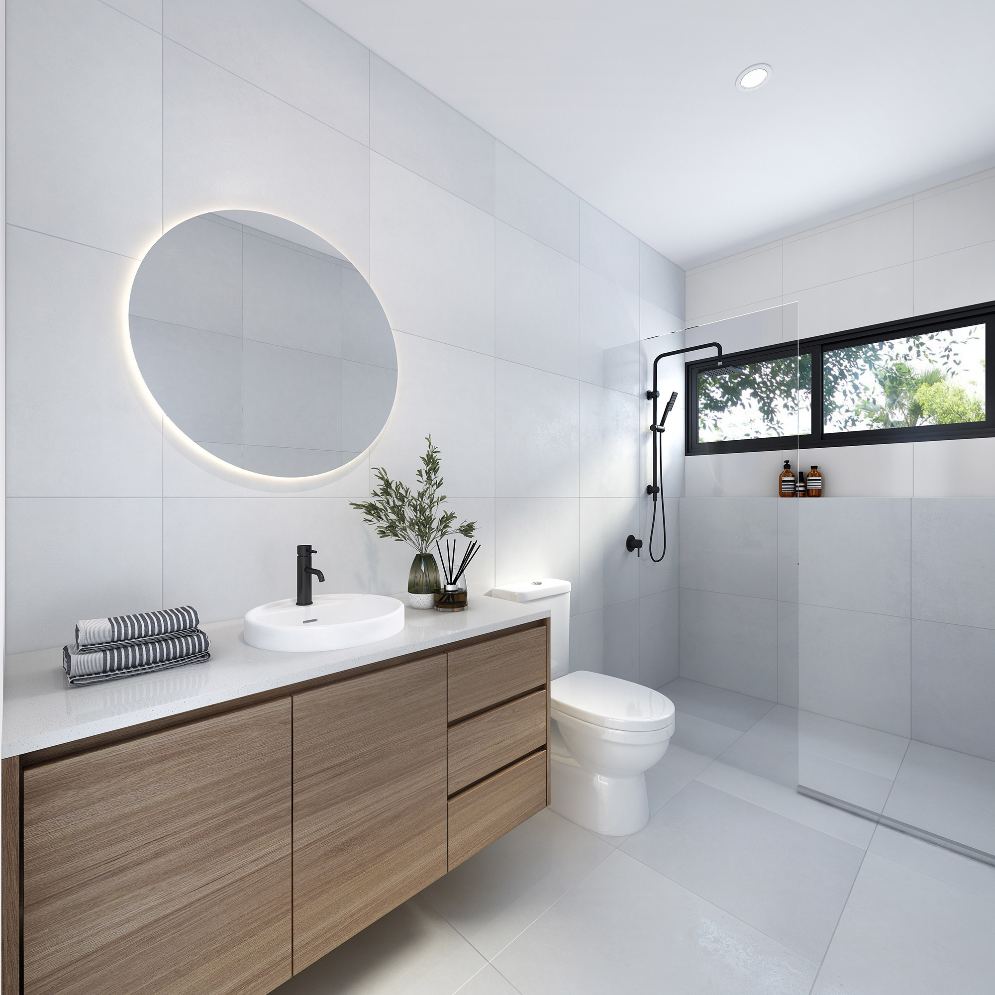 3D render modern white bathroom with wooden vanity round LED mirror black fixtures walk in shower glass screen and minimalist design