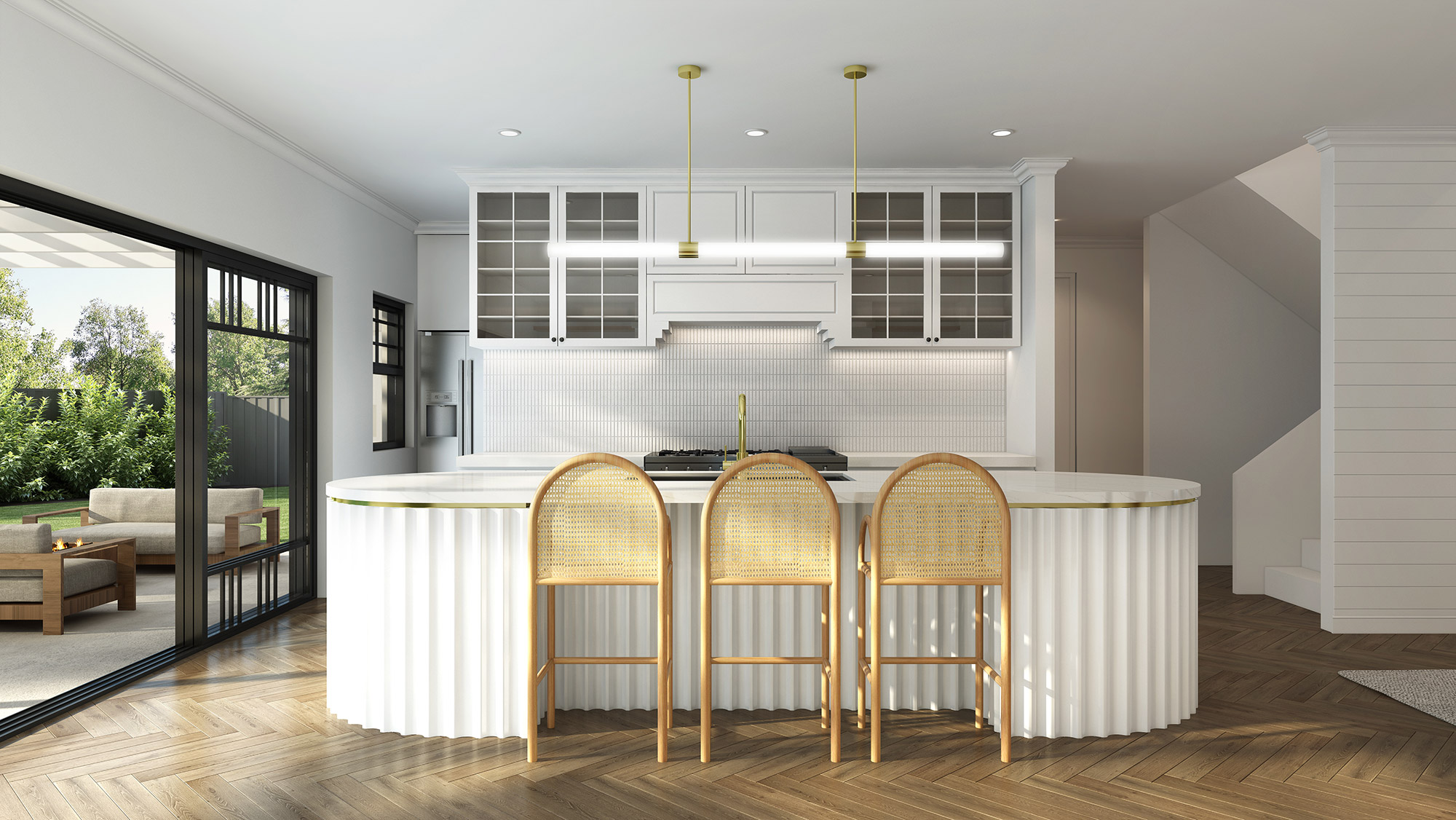 3D render modern white kitchen with curved island rattan bar stools brass accents and open indoor outdoor living space