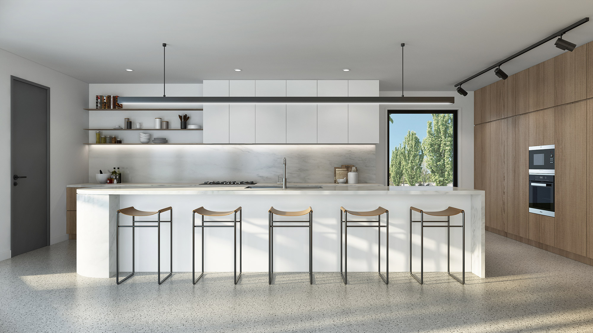 3D render modern white kitchen with large island bar stools wood cabinetry open plan layout and minimalist interior design