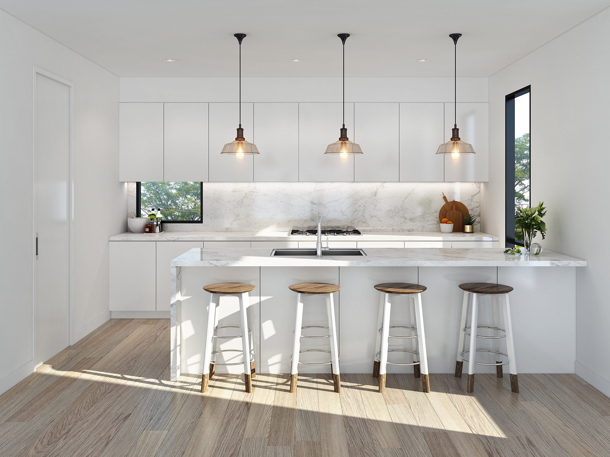 3D render modern white kitchen with marble backsplash large island seating and pendant lighting minimalist design