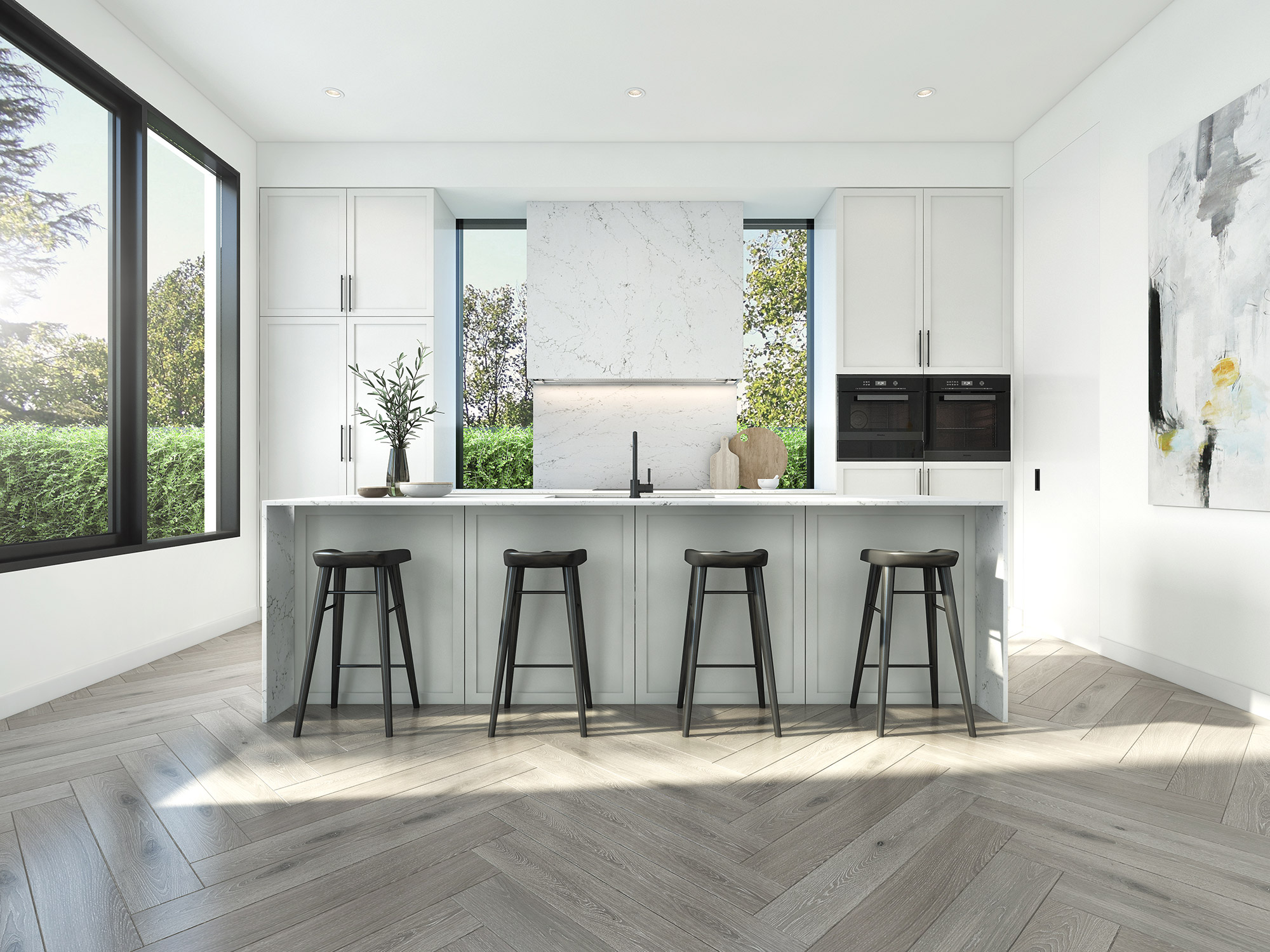 3D render modern white kitchen with marble island black bar stools large windows and minimalist open plan interior