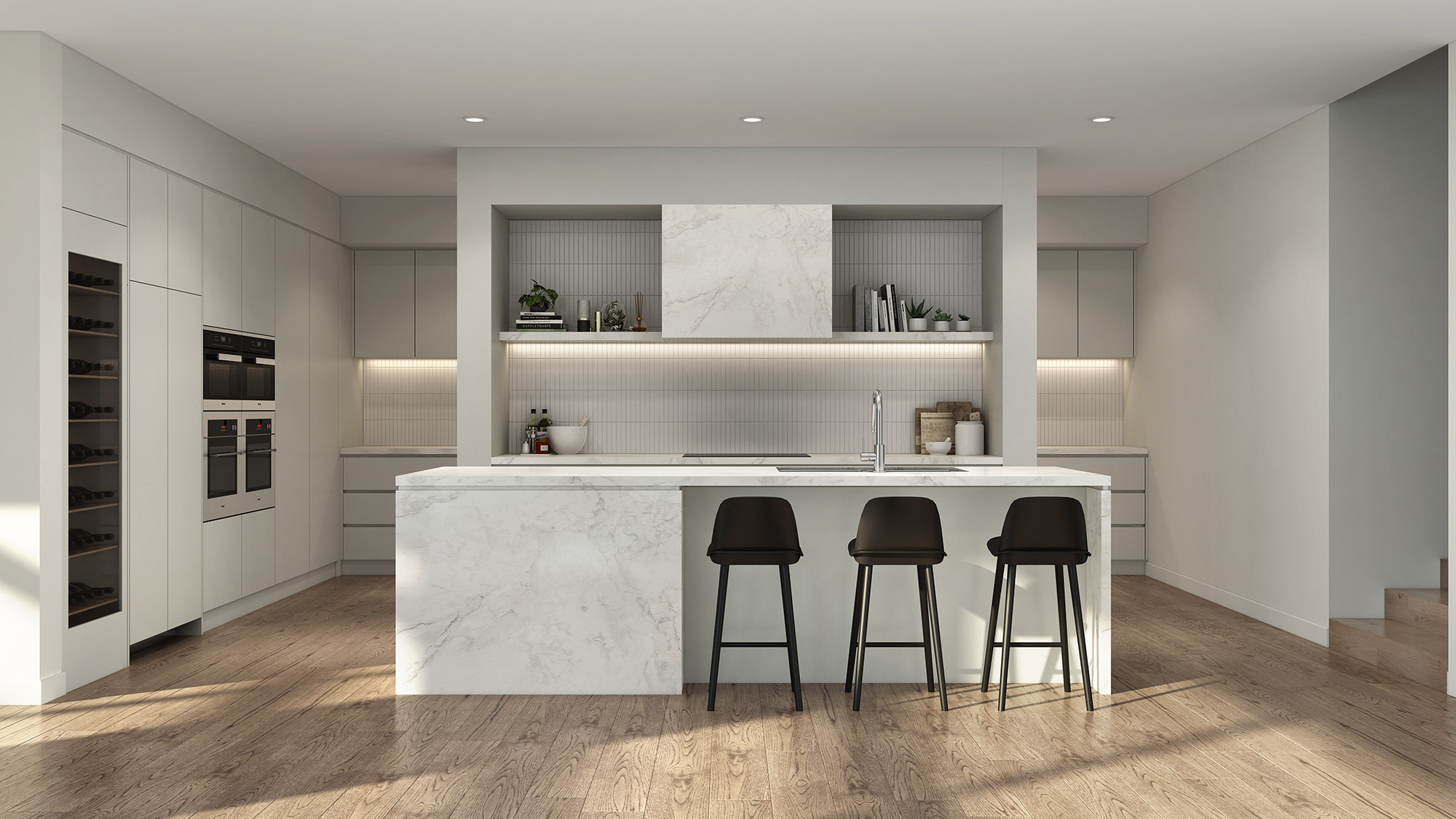3D Render of modern white kitchen featuring marble island minimalist cabinetry integrated lighting bar stools and clean contemporary interior design