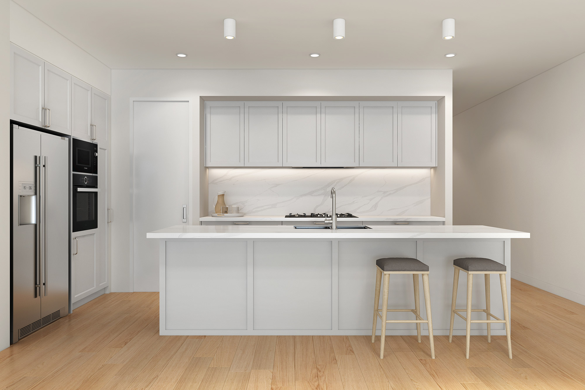 3D render modern white minimalist kitchen with island marble backsplash and bar stools clean interior design