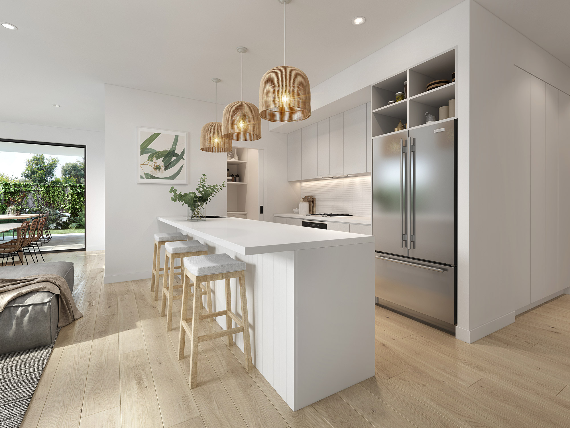 3D render modern white open plan kitchen with island pendant lighting bar stools and natural light interior design