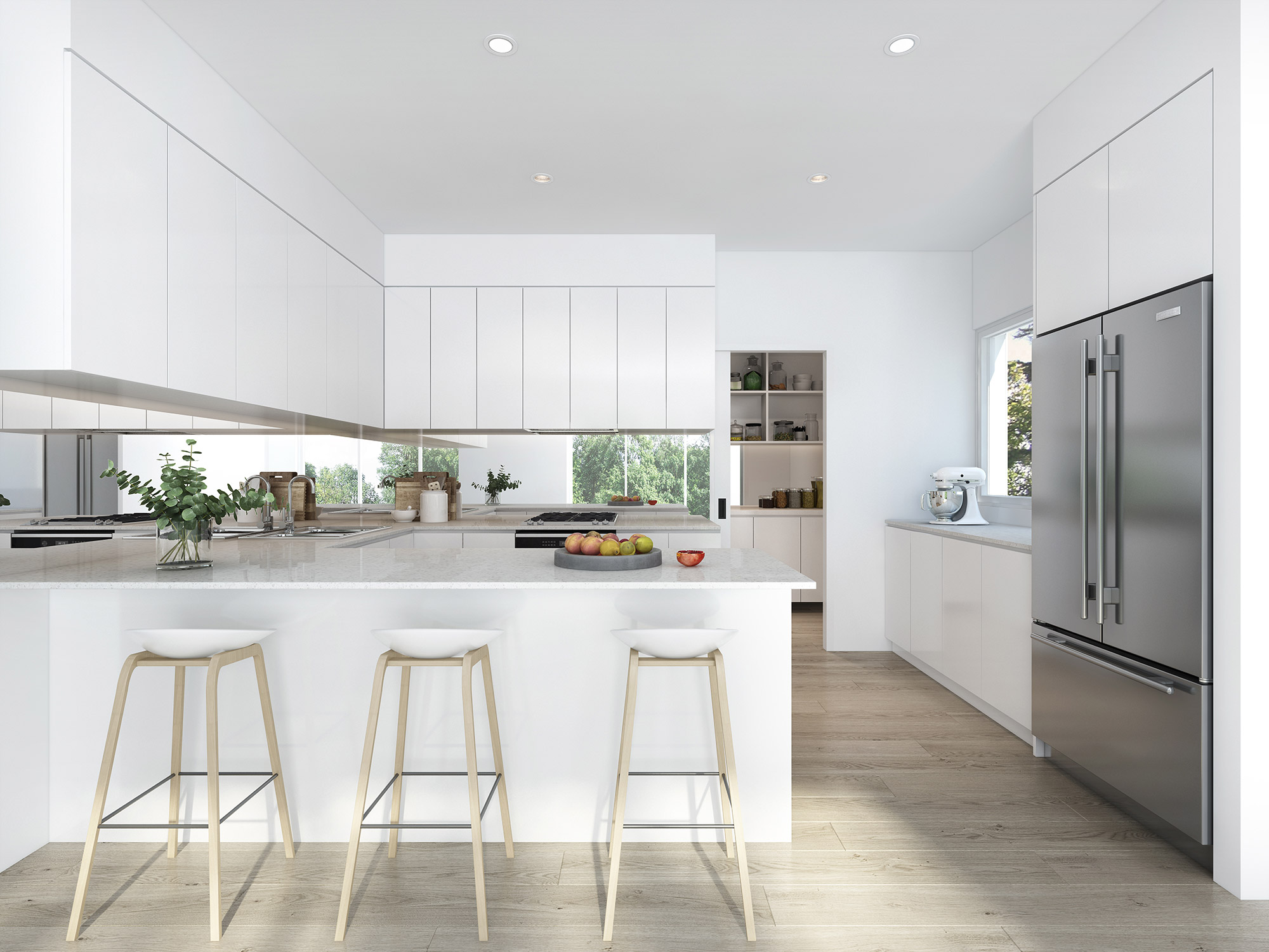 3D render modern white scandinavian kitchen with island bar stools open plan layout and minimalist cabinetry