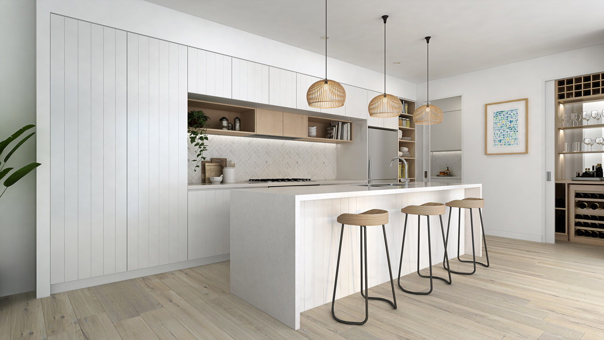 3D render modern white kitchen with wood accents island bar stools pendant lighting and minimalist open plan interior