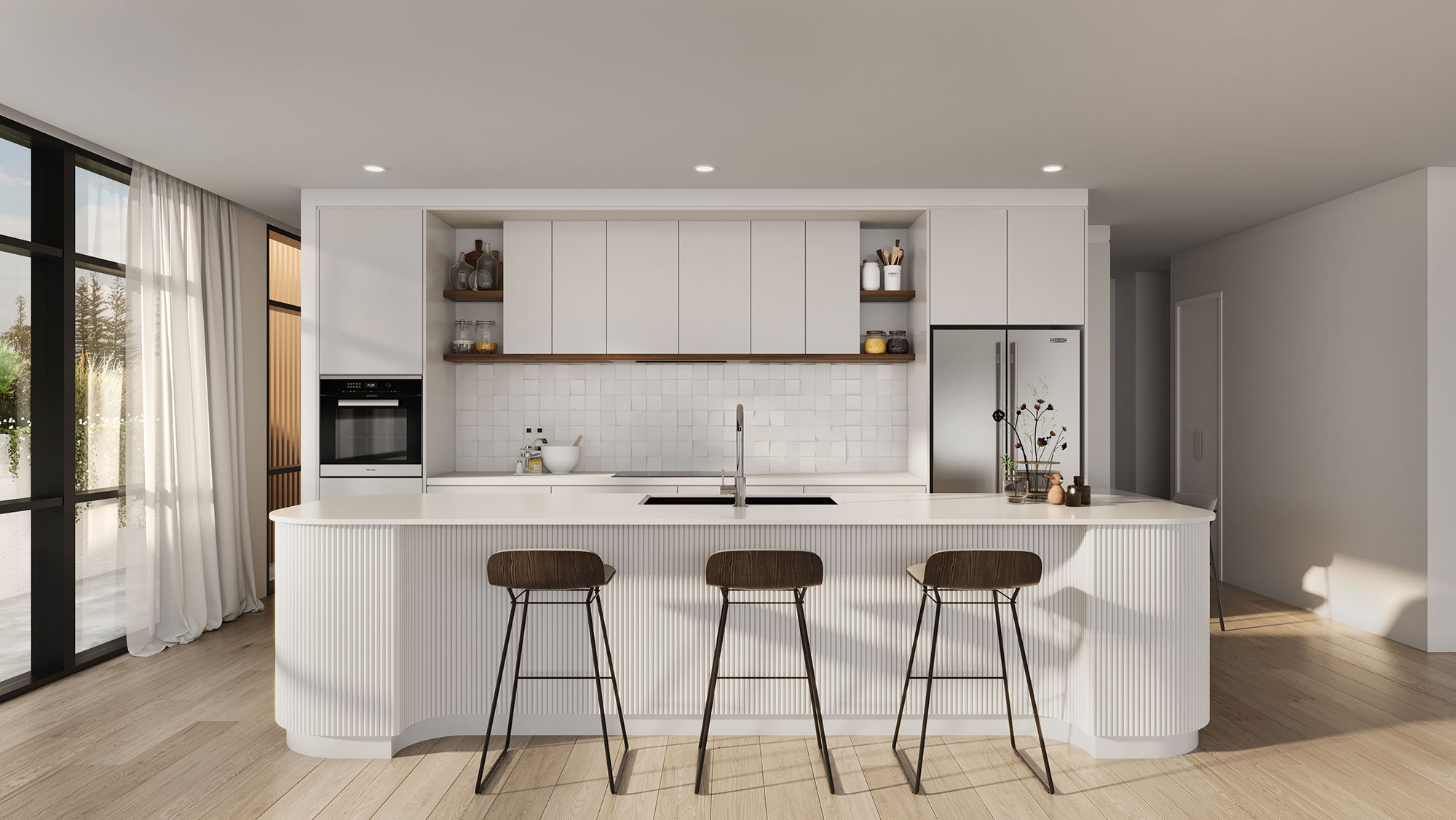 3D Render of modern white kitchen featuring curved fluted island bar stools minimalist cabinetry open shelving natural light and contemporary interior design