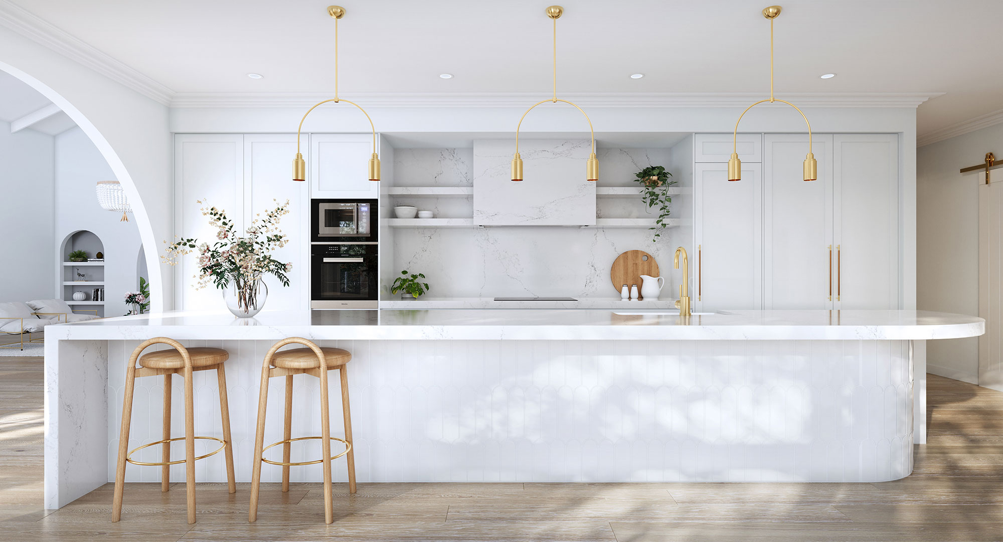 3D Render of modern white kitchen featuring marble island gold pendant lighting wood stools and clean luxury interior design