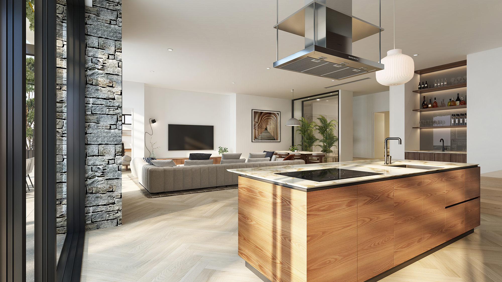 3D Render of modern open plan kitchen and living area featuring marble island wood cabinetry integrated appliances and contemporary luxury interior design