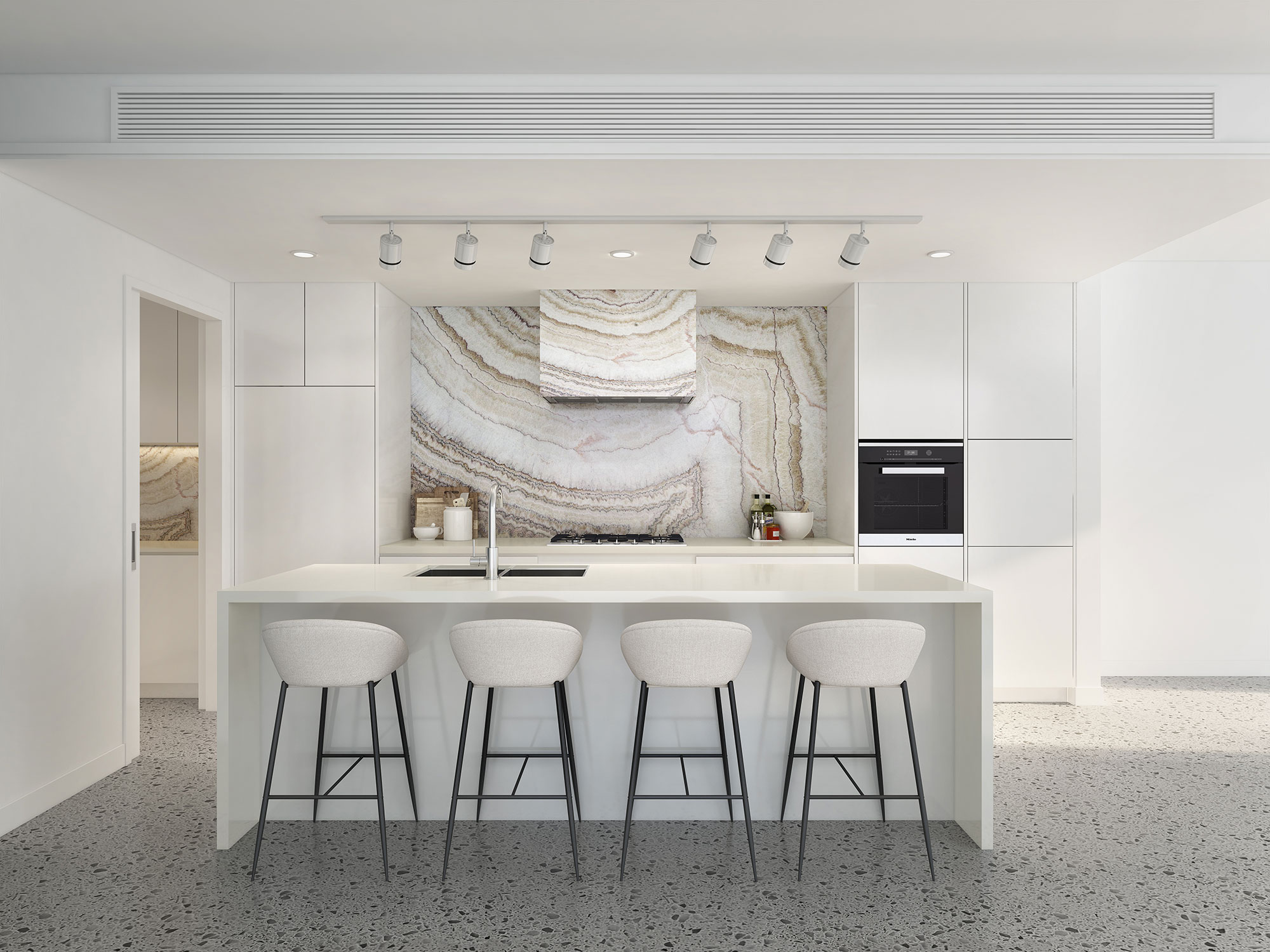 3D Render of modern white kitchen featuring stone feature backsplash large island bar seating minimalist cabinetry track lighting and contemporary interior design