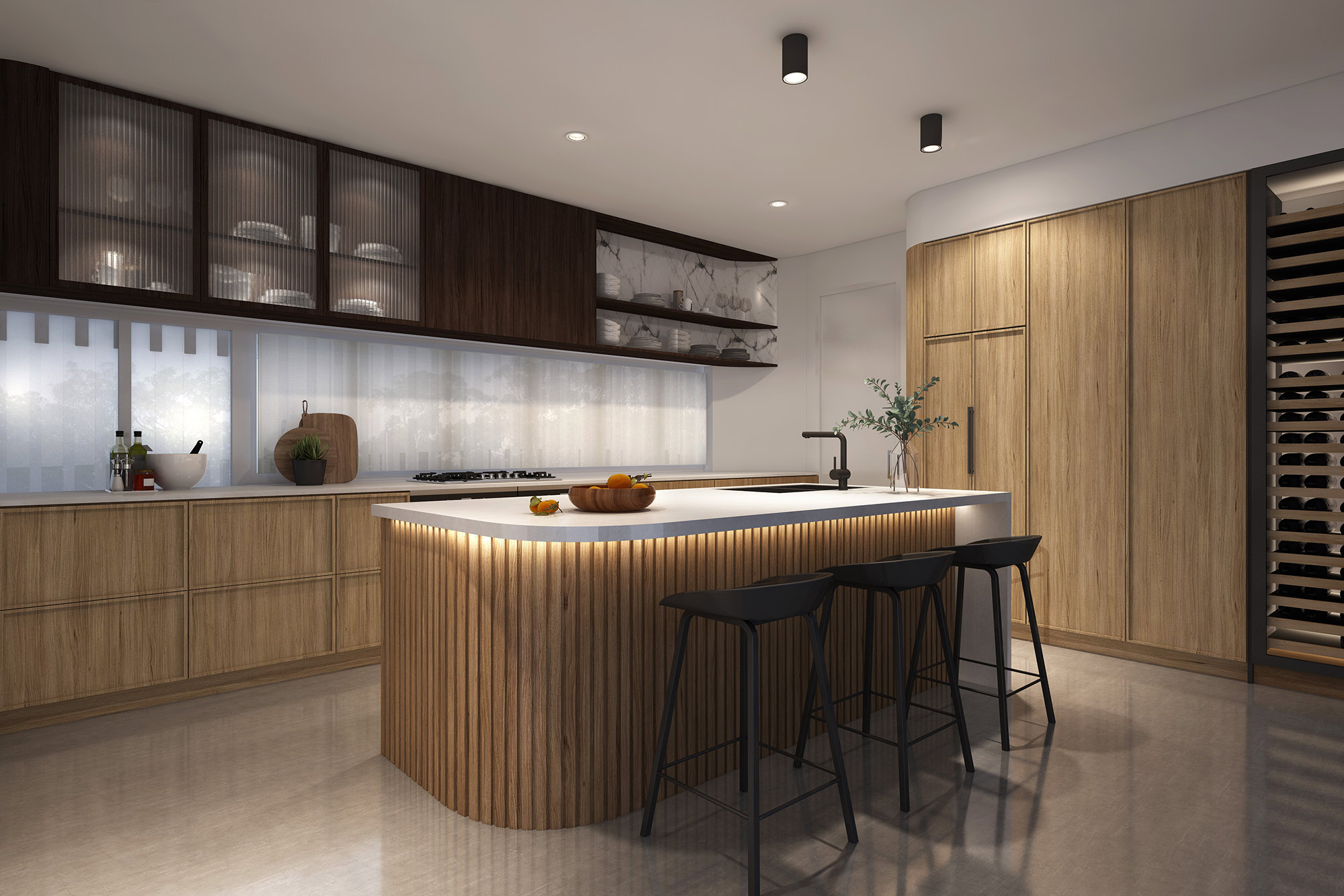 3D render modern wood kitchen with curved island led lighting bar stools and luxury contemporary interior design
