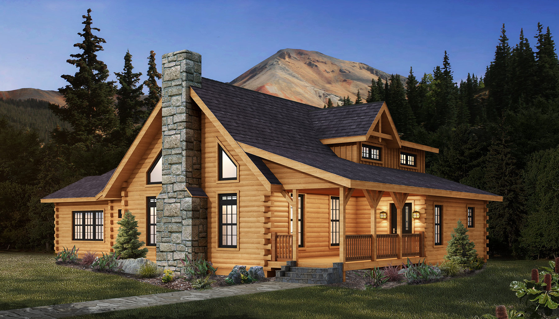 Facade 3D Rendering of mountain log cabin home with rustic timber exterior stone chimney front porch and forest mountain backdrop
