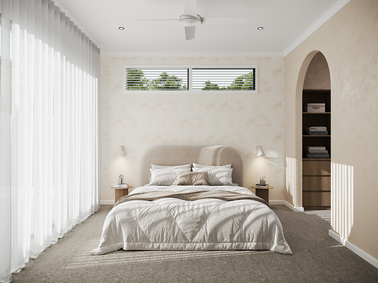 3D render neutral bedroom with soft textures upholstered bed sheer curtains warm tones and minimalist styling