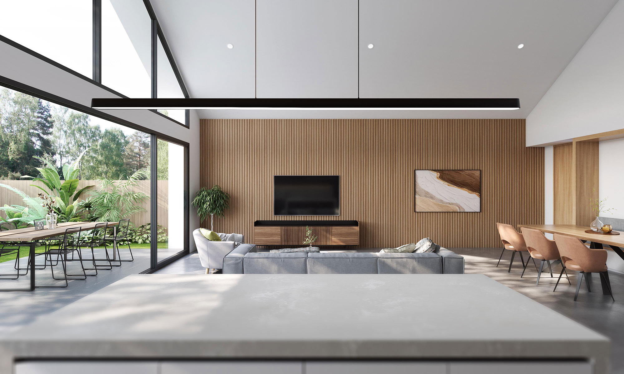 3D render open plan living and dining area modern interior with wood feature wall large windows indoor outdoor connection patio seating natural light