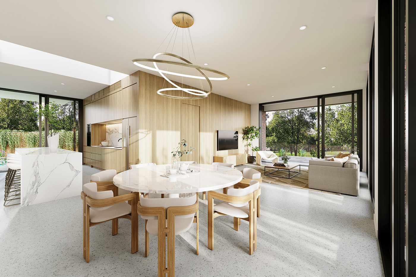 Open Plan Living Dining Modern Kitchen Marble Island Render