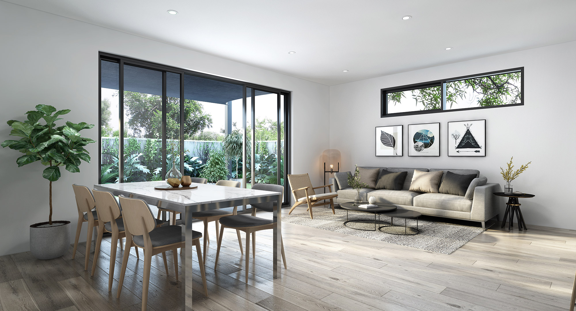 3D render open plan living and dining room with large sliding glass doors natural light modern furniture indoor plants contemporary home design