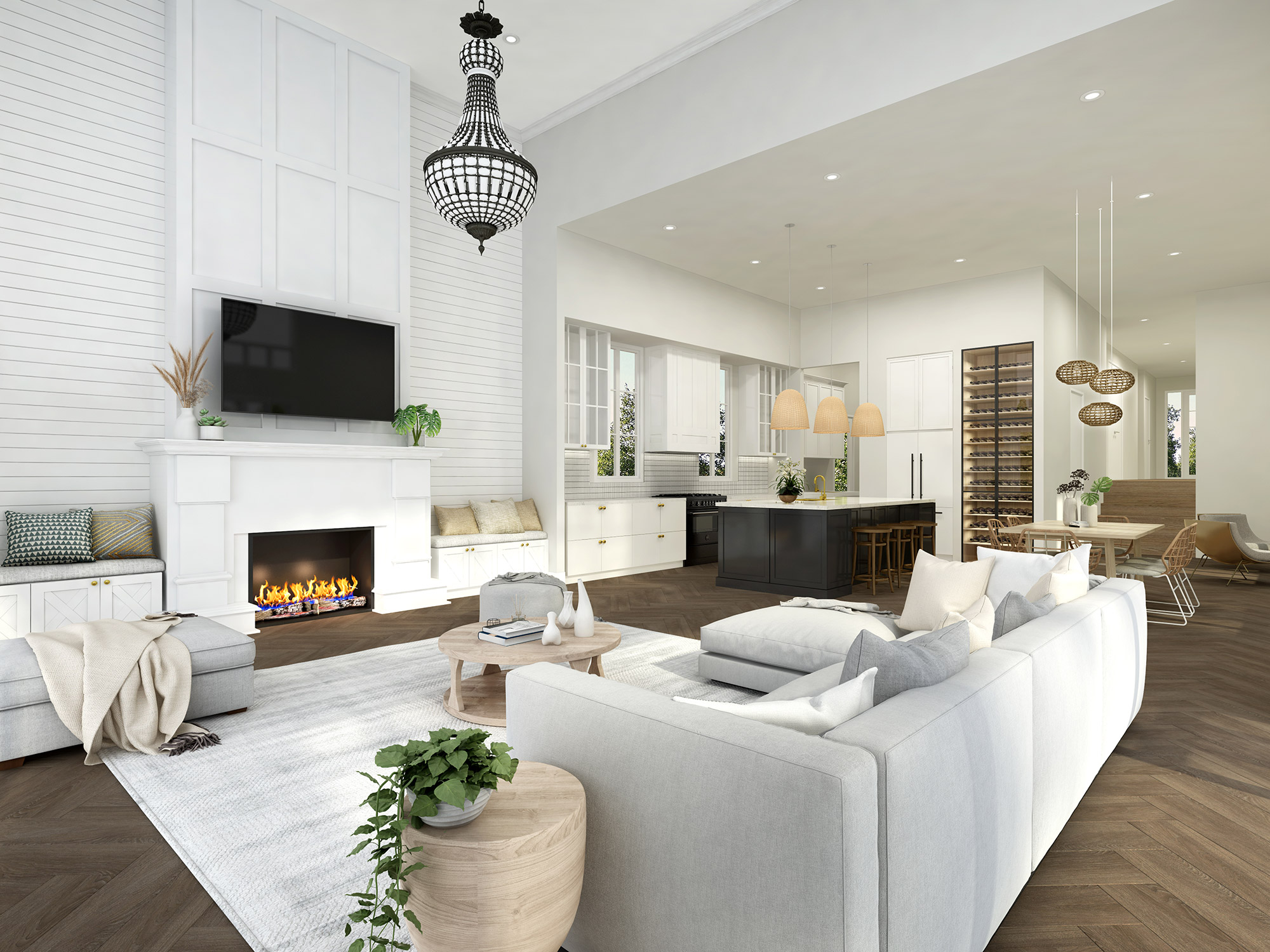 3D render open plan living room and kitchen modern luxury interior with fireplace large sofa chandelier kitchen island dining area natural light
