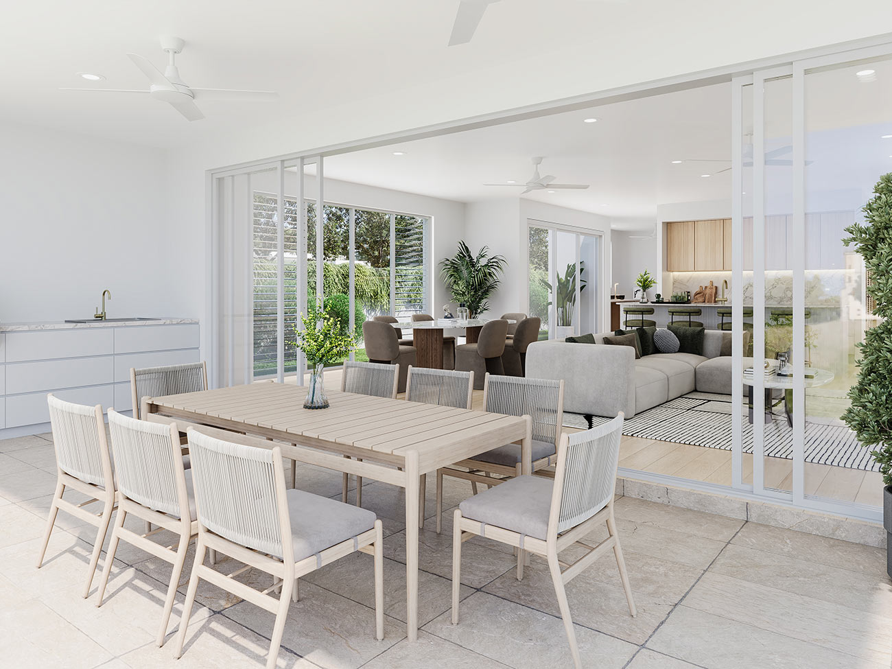 3D render outdoor dining area with modern patio furniture seamless indoor outdoor living sliding glass doors natural light contemporary home design