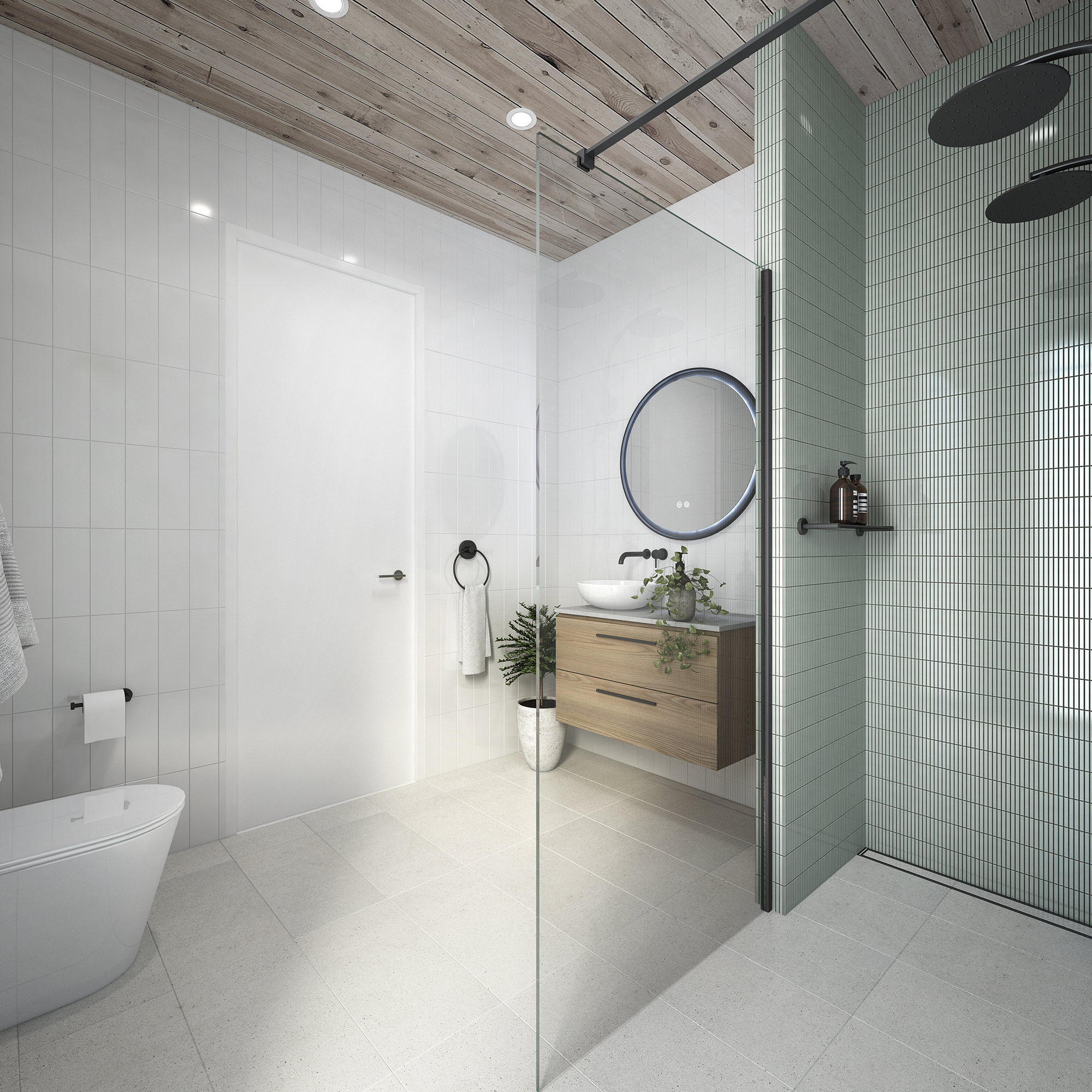 3D render scandinavian bathroom with green tile walk in shower wood vanity round mirror minimalist modern interior design