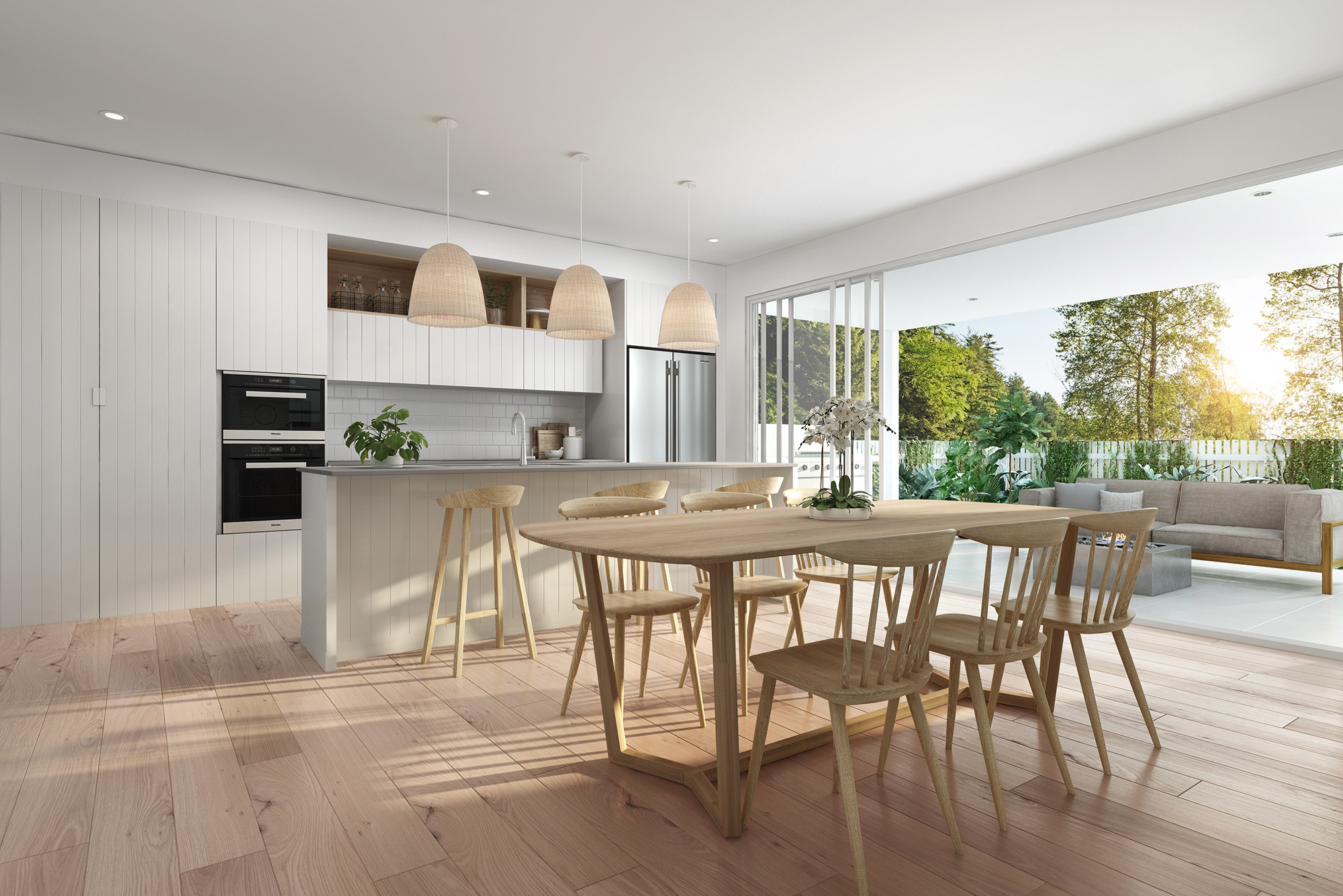 3D render scandinavian kitchen dining area with light wood furniture open plan indoor outdoor living