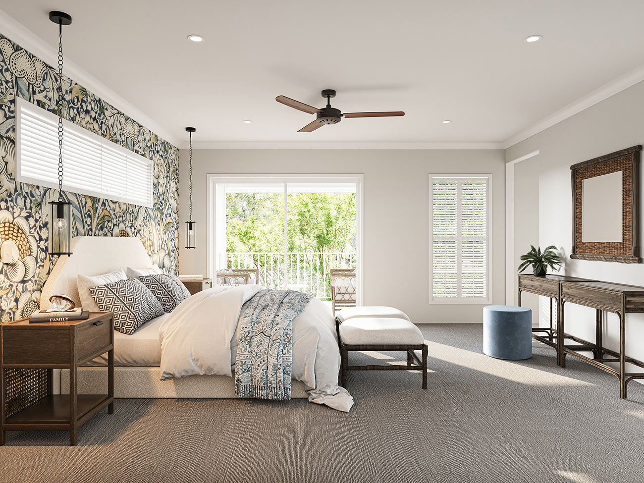 3D render tropical bedroom with patterned wallpaper large windows natural light wooden furniture and cozy neutral decor