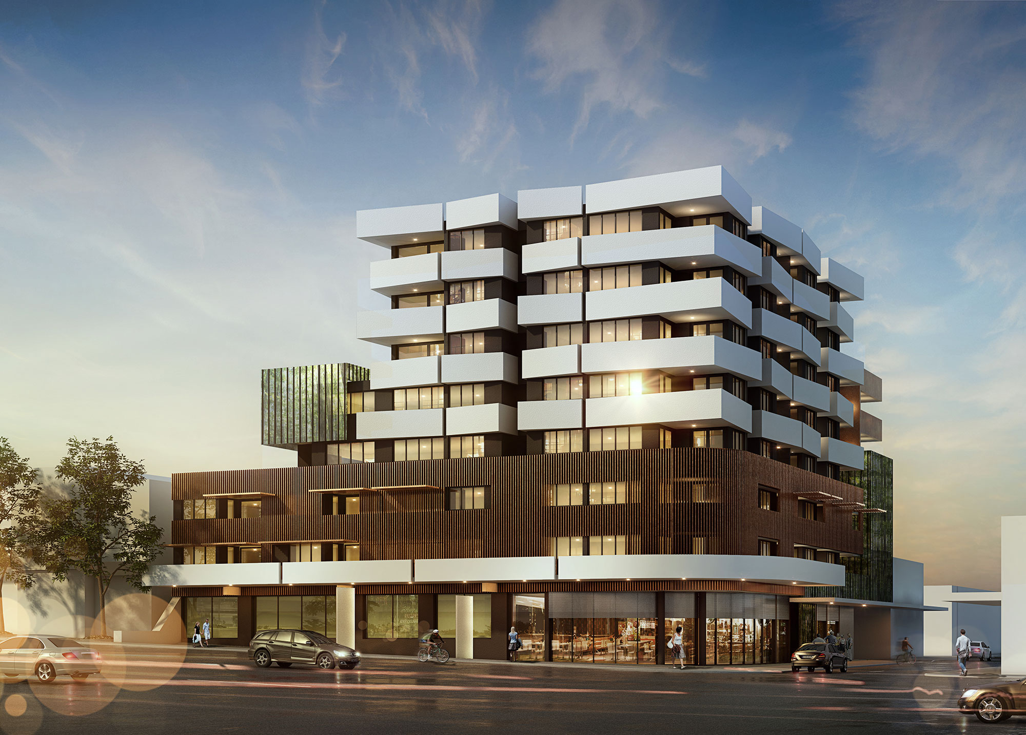 3d Renders Service showcasing a contemporary high-rise residential and commercial building with modern architectural design