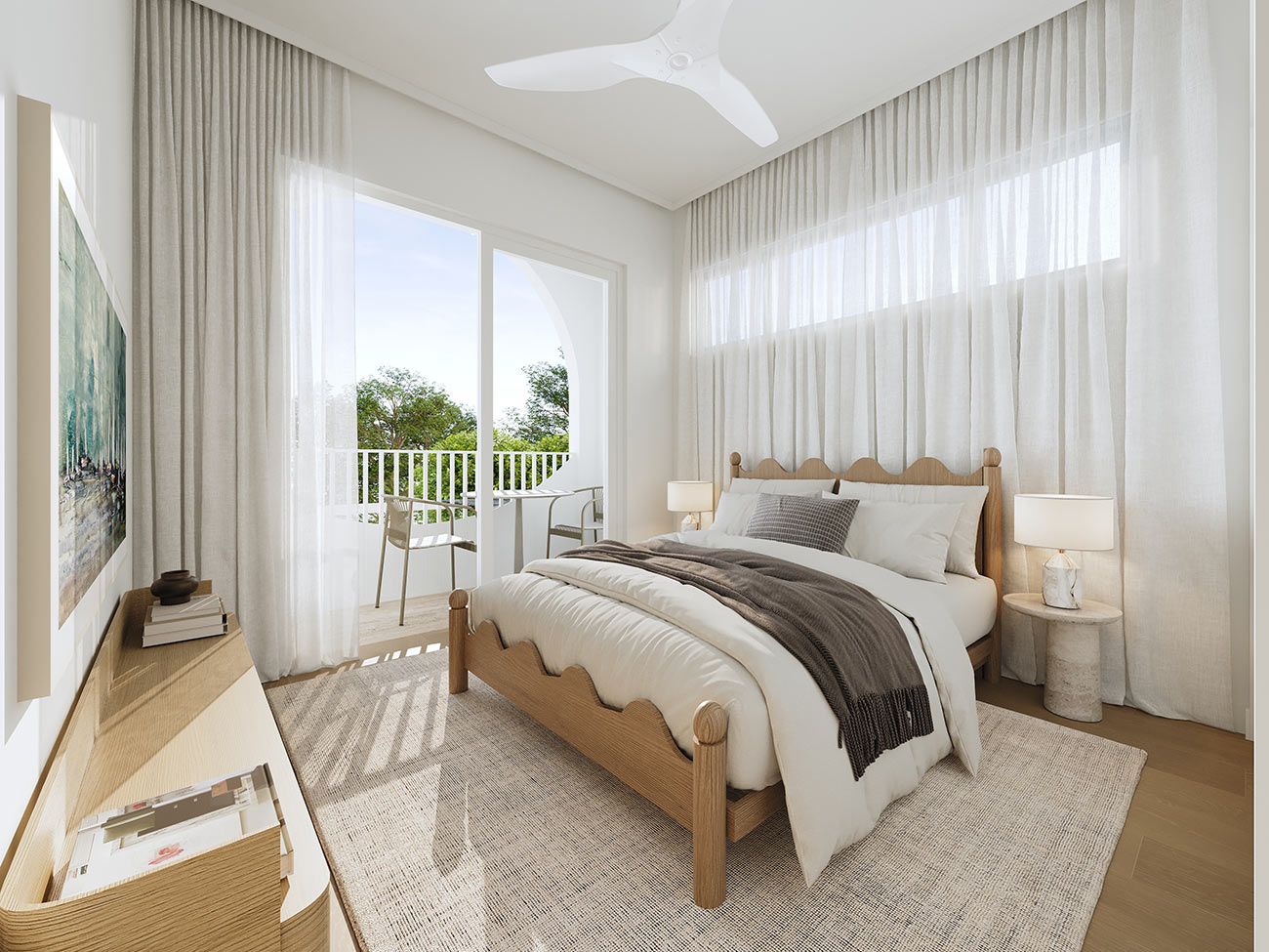 3d Interior Rendering Coastal Bedroom Balcony Natural Light Sheer Curtains 33